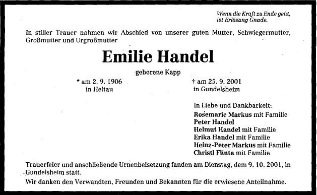 Kapp Emilie 1906-2001 Todesanzeige